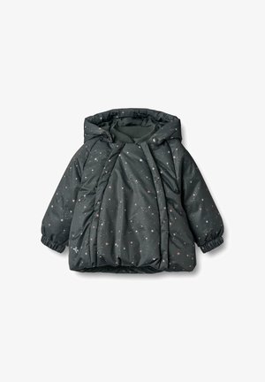 Vaatteet ovat tummanharmaa pehmustettu takki, jossa on tähtikuvio, hupullinen, joustavat hihansuukkeet ja napitus edessä. Pehmeä pinta.