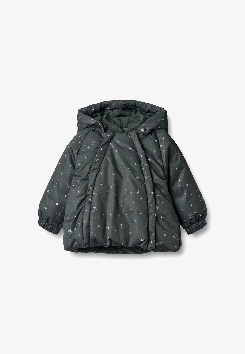 Giacca imbottita di colore grigio scuro con fantasia a stelle, dotata di cappuccio, polsini elastici e chiusura a bottoni sul davanti. Texture morbida.