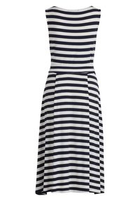 Striped dress featuring navy and white horizontal stripes, sleeveless design, round neckline, and a fitted waist that flares into a skirt.