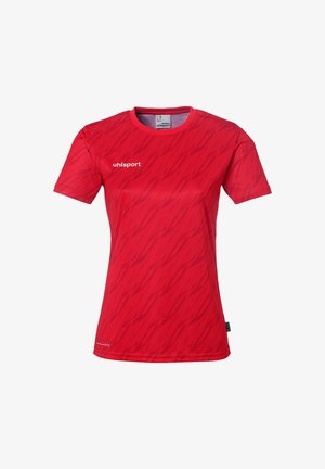 Rød sports T-shirt med korte ærmer, med et struktureret diagonalt mønster, rund halsudskæring og uhlsport-logo på venstre bryst.