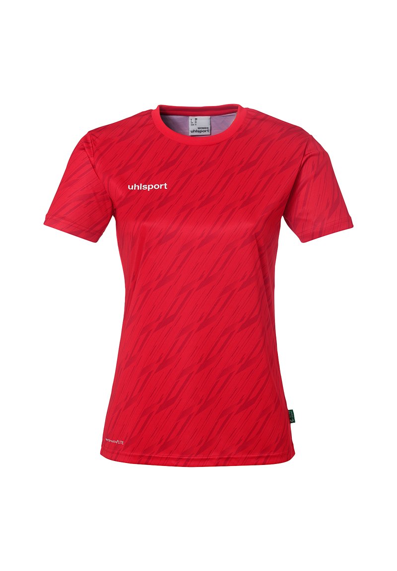 Rød sports T-shirt med korte ærmer, med et struktureret diagonalt mønster, rund halsudskæring og uhlsport-logo på venstre bryst.