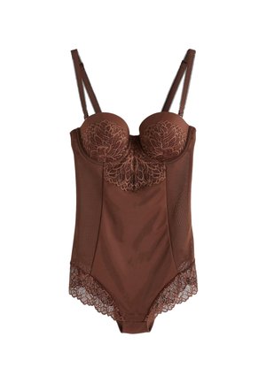 Brun blonde- og mesh-body med bøjle-bh-skåle, justerbare stropper og bølget kant ved benåbningerne.