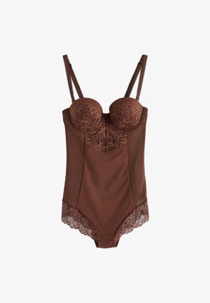 Body marron en dentelle et mesh avec bonnets à armatures, bretelles réglables et bords festonnés aux ouvertures des jambes.