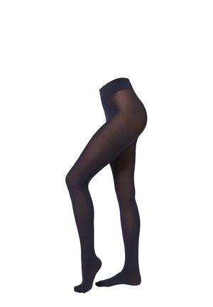 Czarne, nieprzezroczyste rajstopy o gładkiej fakturze i wysokim staniku, zaprojektowane, aby dobrze przylegać i zapewniać zakrycie nóg.