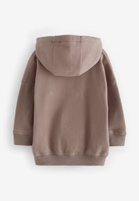Felpa marrone con un grande cappuccio, polsini e orlo a coste. Tessuto morbido con una consistenza liscia, caratterizzata da un design semplice e di colore solido.