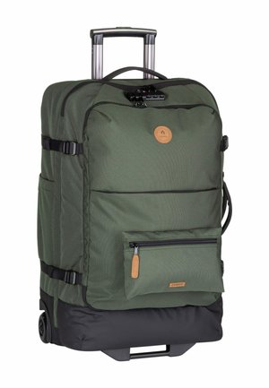 Green rolling backpack with a textured fabric, top handle, side pockets, and a zippered front pocket. Features a black bottom and wheels.