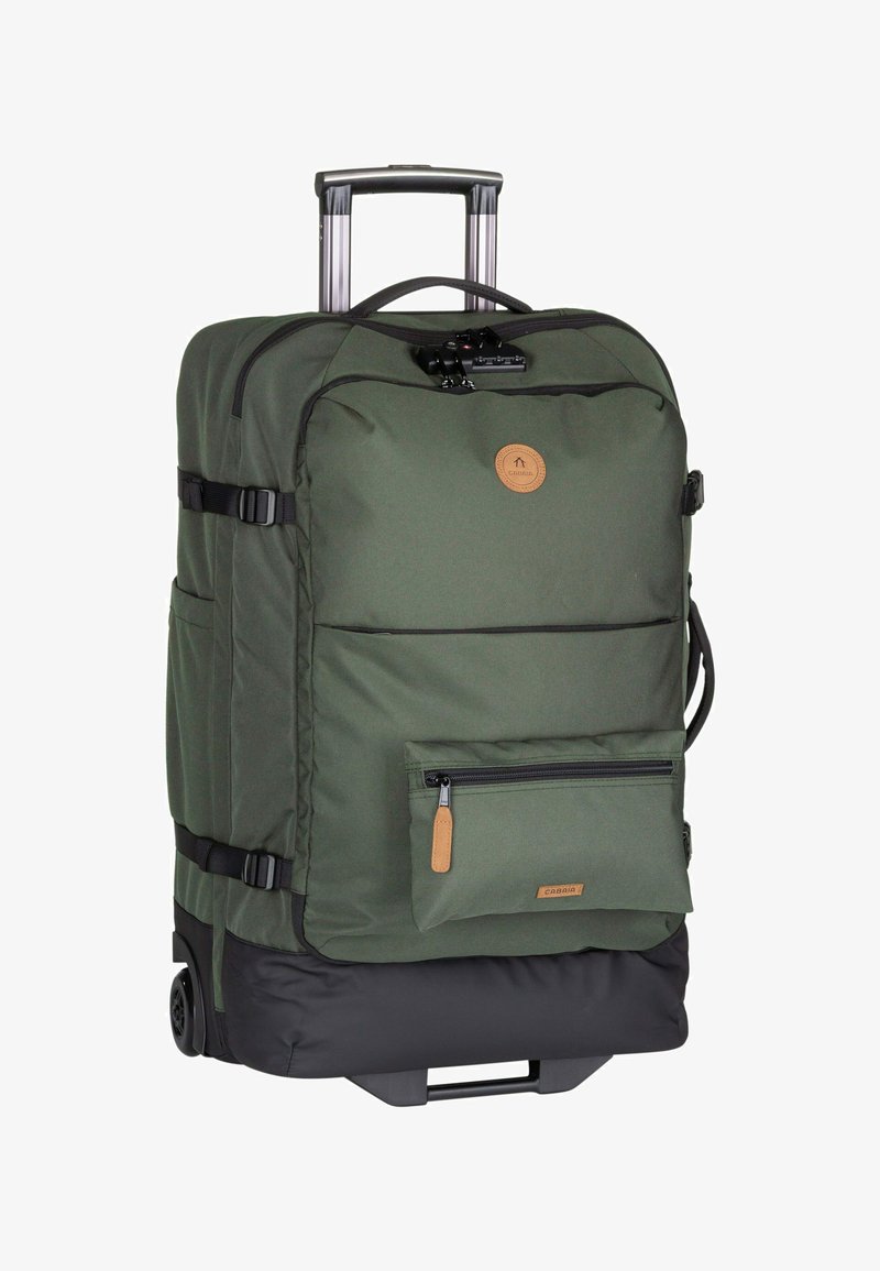 Grüner Rollrucksack mit strukturiertem Gewebe, Tragegriff, Seitentaschen und einer mit Reißverschluss versehenen Fronttasche. Besitzt einen schwarzen Boden und Rollen.