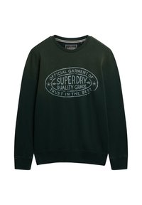 Donkergroene ronde hals sweatshirt met lange mouwen en witte "Superdry Quality Grade" logo gedrukt op de borst.
