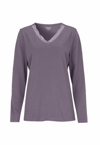 Långärmad topp med v-ringning i mjuk lila tyg med spetskant längs halsringningen. Har en avslappnad passform och enkel design.
