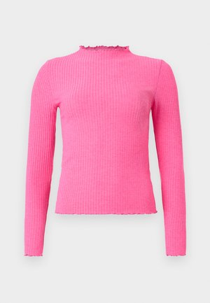 Rožinė ilgomis rankovėmis viršutinė dalis su išraižyta tekstūra. Turi aukštą, raukšlėtą apykaklę ir nelygų kraštą. Audinys atrodo tamprus ir prigludęs.