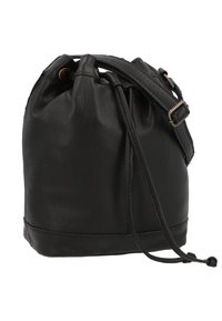Black leather bucket bag with a drawstring closure, features a smooth texture and adjustable shoulder strap. Stitched accents at the base.