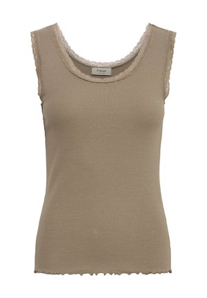 Top de tirantes beige sin mangas con costillas, con encaje alrededor del escote redondo y las sisas, y dobladillo con borde en forma de ondas.