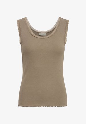 Varrukateta beež toonitud topp pitsist ääristusega sügava kaelusega ja käeavades ning laineline alumine serv.