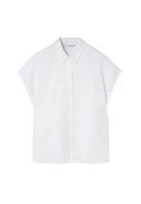 Camicia bianca a maniche corte con colletto classico e chiusura frontale con bottoni. Tessuto morbido con una vestibilità comoda e senza ulteriori fantasie.