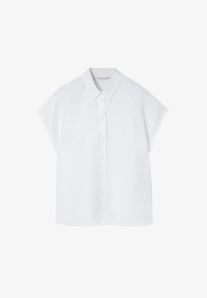Weißes kurzärmeliges Hemd mit klassischem Kragen und Knopfleiste vorne. Glatte Textur mit lockerer Passform und ohne zusätzliche Muster.