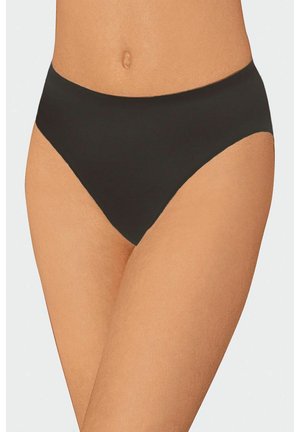 Woman wearing black seamless high-cut underwear shown from waist to mid-thigh against a neutral background.