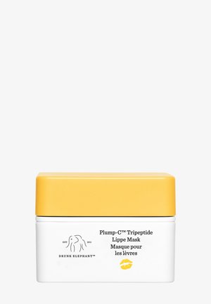 Drunk Elephant Plump-C™ Tripeptide Lippe Maske in einem weißen Glas mit einem gelben Deckel, zeigt das Logo und den Text auf der Vorderseite. Glattes, abgerundetes Design.