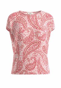 T-shirt à manches courtes avec un motif rose et blanc aux formes abstraites. Tissu léger, coupe décontractée et col rond.