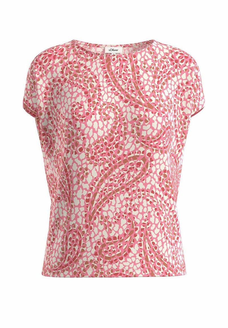 T-shirt à manches courtes avec un motif rose et blanc aux formes abstraites. Tissu léger, coupe décontractée et col rond.
