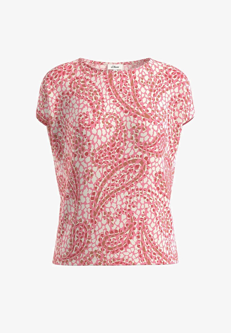 Kurzarm-Top mit einem pink-weißen Muster aus abstrakten Formen. Leichter Stoff mit lockerer Passform und rundem Ausschnitt.