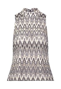 Bezramkowy top z wysokim kołnierzem, z zygzakowatym wzorem w kolorach kremowym, białym i czarnym. Gładka struktura z dopasowanym krojem.
