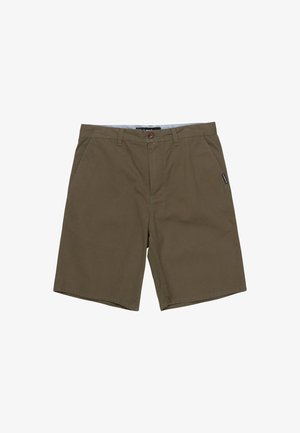 Olive green shorts made of cotton fabric, featuring a button fly, side pockets, and a small brand label on the left side.