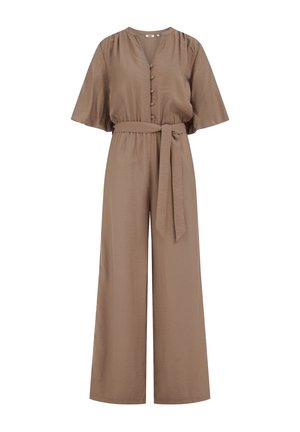 Combinaison pattes d'éléphant marron avec manches courtes, devant boutonné, taille froncée, et ceinture en tissu assorti nouée sur le côté.