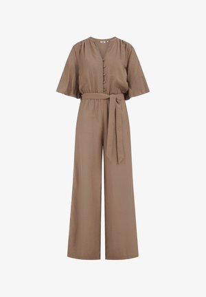 Bruine wijde jumpsuit met korte mouwen, knoopsluiting aan de voorkant, een taille met plooitjes en een bijpassende stoffen riem die aan de zijkant is gestrikt.