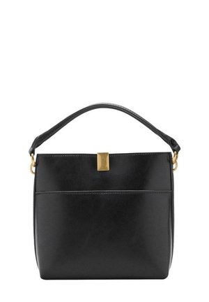 Sac à main en cuir noir avec une seule poignée supérieure, un fermoir rectangulaire doré et une poche avant, présenté sur fond blanc.