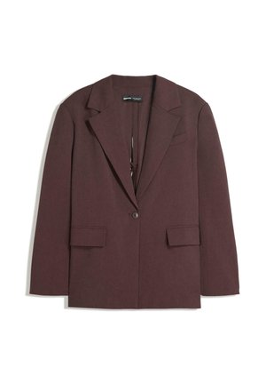 Maroon blazer made of textured fabric, featuring a notched lapel, single button closure, and two front pockets.
