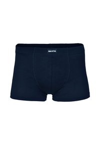 Boxer in cotone blu navy con design aderente, dotati di un cinturino senza cuciture e tasca frontale. Include dettagli di cucitura minimi.