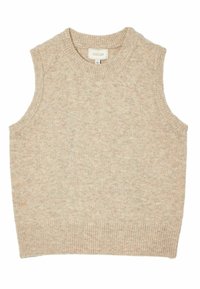 Beige ärmelloses Strickoberteil mit rundem Ausschnitt, aus einem weichen, strukturierten Stoff mit gerippten Saumdetails. Markenlabel: Joules.