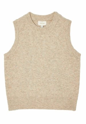 Beige ärmelloses Strickoberteil mit rundem Ausschnitt, aus einem weichen, strukturierten Stoff mit gerippten Saumdetails. Markenlabel: Joules.
