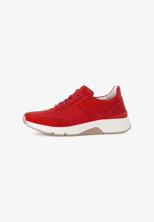 Red suede sneakers with mesh panels, featuring red laces and a thick white midsole with a light brown outsole. Designed for comfort and style.