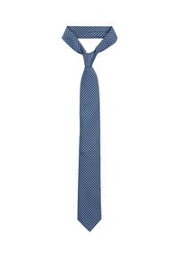 Granatowy krawat o teksturowanym, w kratkę wzorze, wykonany z tkaniny, z zakończeniem w szpic i klasycznym designem.