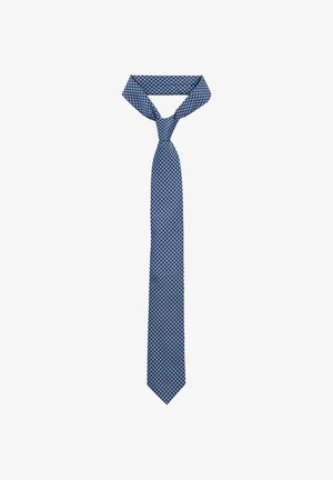 Granatowy krawat o teksturowanym, w kratkę wzorze, wykonany z tkaniny, z zakończeniem w szpic i klasycznym designem.
