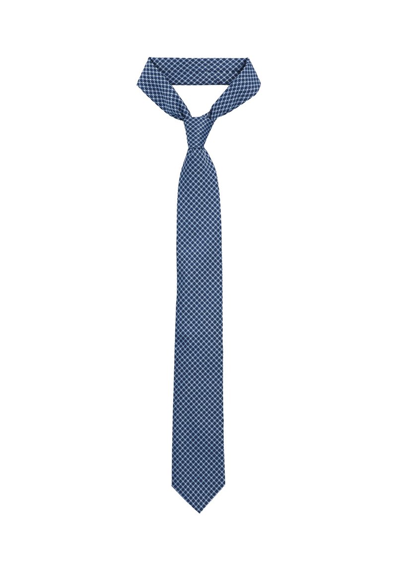 Granatowy krawat o teksturowanym, w kratkę wzorze, wykonany z tkaniny, z zakończeniem w szpic i klasycznym designem.