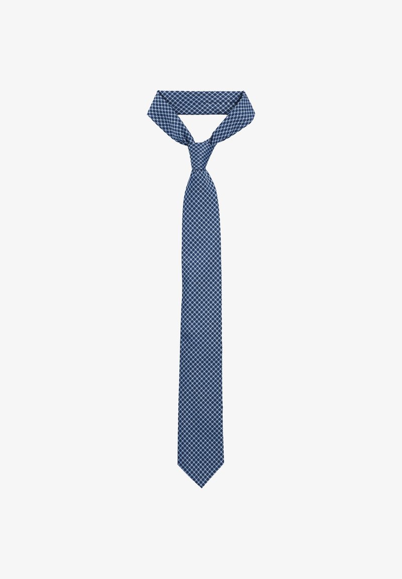 Granatowy krawat o teksturowanym, w kratkę wzorze, wykonany z tkaniny, z zakończeniem w szpic i klasycznym designem.