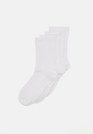Chaussettes blanches en coton, cinq paires, présentant une texture lisse et une coupe standard avec un renfort aux orteils et au talon pour plus de durabilité.