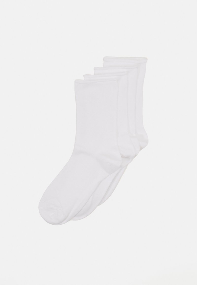 White cotton crew socks, five pairs, featuring a smooth texture and standard fit with reinforced toe and heel for durability.