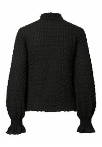 Blouse noire texturée à manches longues avec col montant à volants et poignets volantés, vue de dos sur fond blanc.