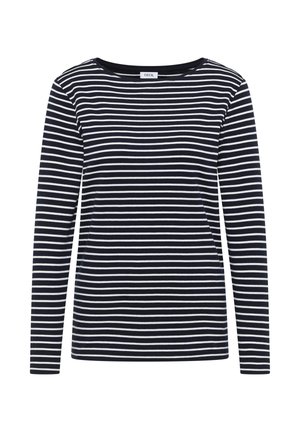 Marineblauw en witte gestreepte longsleeve top met een bateauhals. Zachte, rekbare stof met een gelijkmatig streeppatroon. Merkenlabel zichtbaar bij de halslijn.