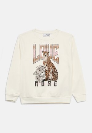 Cremefarvet sweatshirt med et gepardmotiv omgivet af roser og teksten "LOVE MORE" i metaliske og sorte designs. Bomuldsstof, ribstrikkede manchetter.