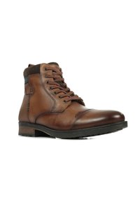 Stivaletto in pelle marrone con punta tondeggiante, chiusura con lacci frontale, colletto in suede marrone testurizzato e suola in gomma nera. Accenti di cucitura notevoli.
