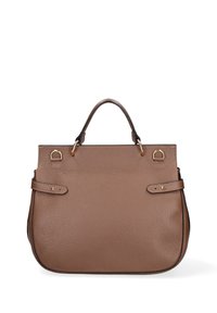Borsa a mano in pelle marrone con superficie texturizzata, manici superiori, dettagli in hardware dorato e cinturini regolabili laterali. Forma rettangolare.