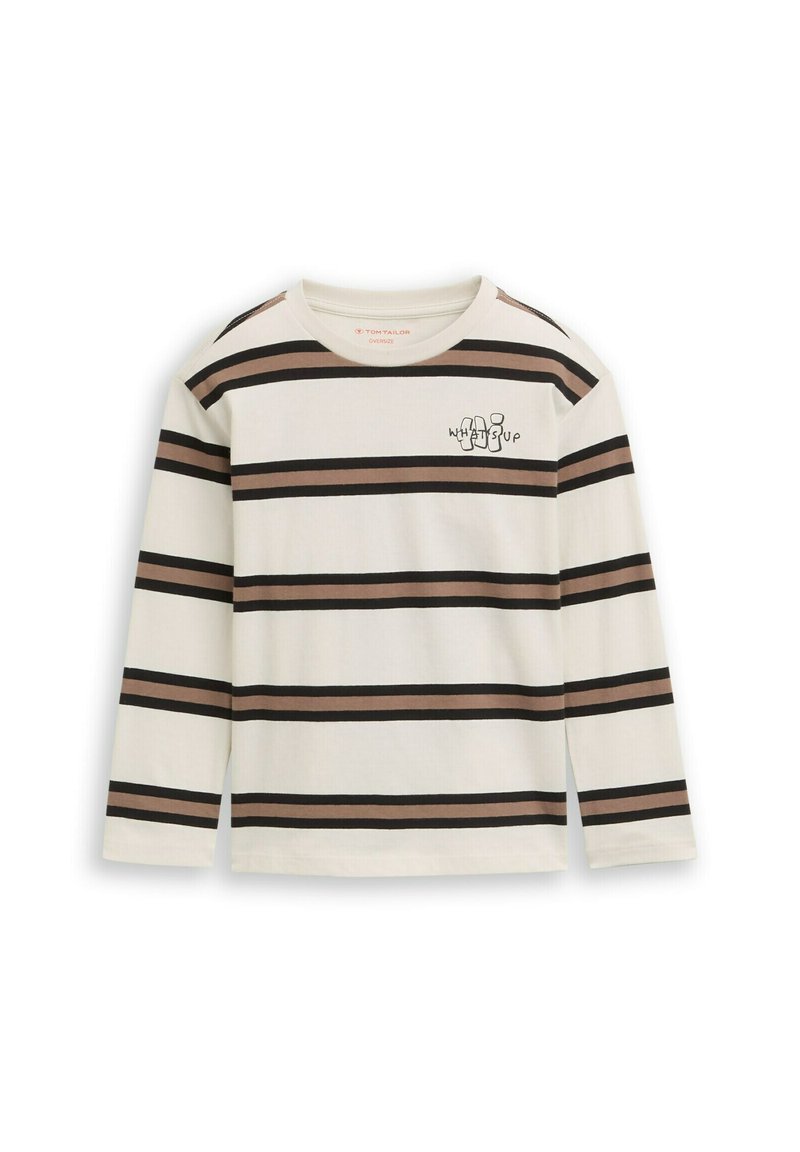 Langarm gestreepte shirt, met een crèmekleurige basis en donkerbruine en zachte roze strepen, voorzien van een zwart "WHAT'S UP" graphic op de borst.