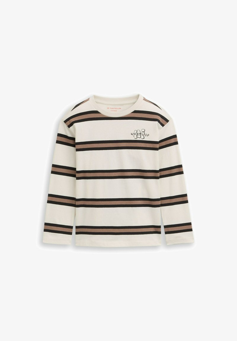 Langarmshirt mit Streifen, cremefarbener Grund mit dunkelbraunen und sanft rosa Streifen, versehen mit einem schwarzen "WHAT'S UP"-Grafik auf der Brust.