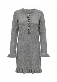 Robe en tricot grise à manches longues avec col rond, six boutons devant et bords évasés aux poignets et à l'ourlet.