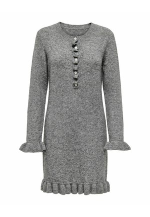 Grey long-sleeve knit dress with round neckline, six front buttons, and ruffled edges on cuffs and hem.