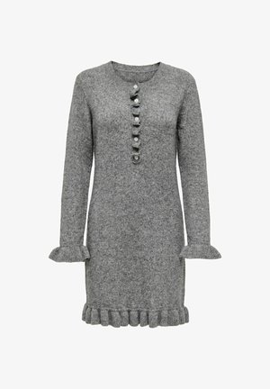 Graues, langärmliges Strickkleid mit rundem Ausschnitt, sechs vorderen Knöpfen und Rüschen an den Bündchen und dem Saum.